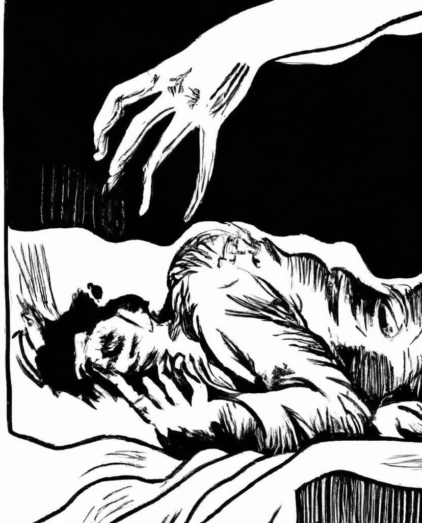 A woodcut of a hand looming over a sleeping man.